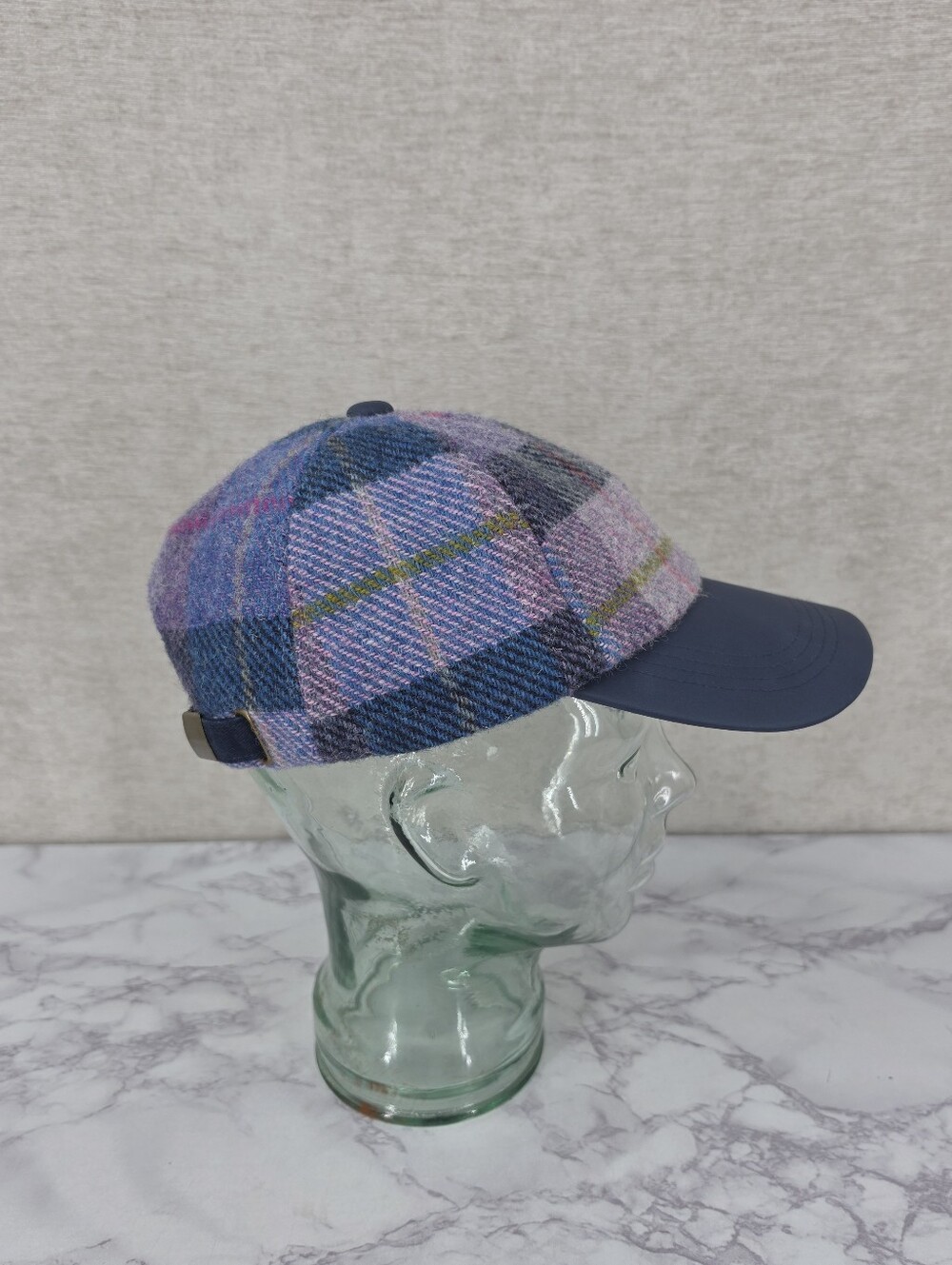 Harris Tweed Wool Purple Blue 6 Panel Hat Baseball Cap Plaid Tartan